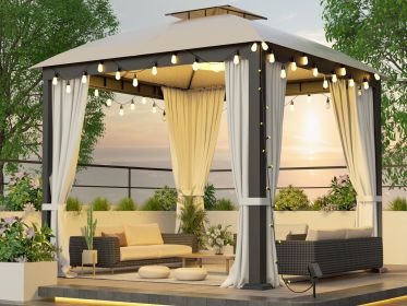 10X10FT Softtop Metal Gazebo with Mosquito Net&Sunshade Curtains,Sturdy Heavy Duty Double Roof Canopy,Galvanized Steel Design Outdoor Tent