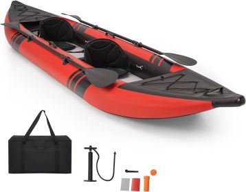 12.5Ft 507lbs Tandem Kayak with 2 Aluminum Paddles, Inflatable Kayak, 2 Padded Seats, Footrests, 2 Fins, Hand Pump (Color: Red)